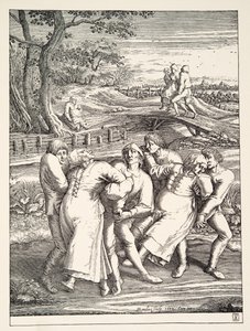 Twee groepen boeren die de pelgrimstocht van epilepsie volgen, ca. 1642